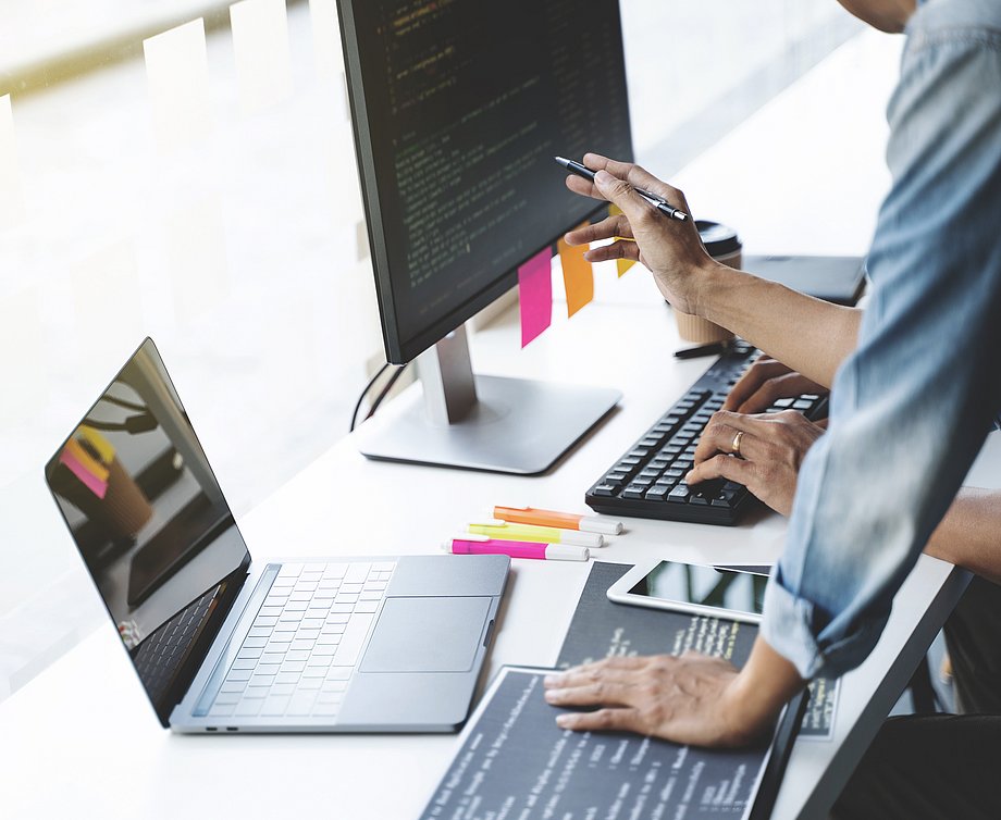 Software developer, Website designing programmer teamwork coding a project. Software developer, Website designing programmer teamwork coding a project.